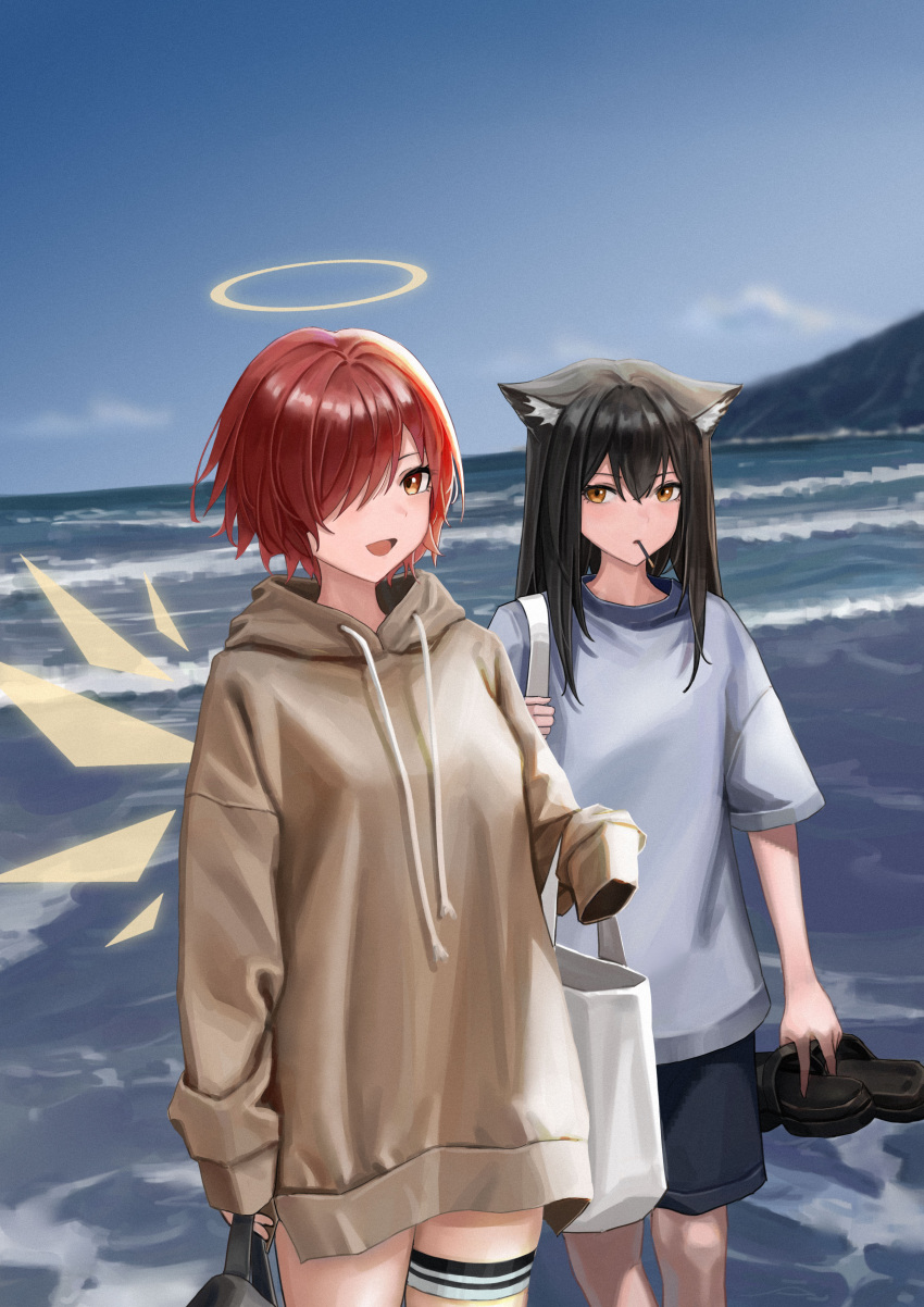 2girls absurdres angel animal_ear_fluff animal_ears arknights bag black_hair blue_shirt blue_shorts brown_hoodie commentary cowboy_shot day detached_wings energy_wings english_commentary exusiai_(arknights) food_in_mouth gaai hair_over_one_eye halo highres holding holding_clothes holding_footwear hood hoodie long_hair long_sleeves looking_at_another looking_at_viewer multiple_girls ocean open_mouth orange_eyes outdoors pocky_in_mouth red_eyes redhead shirt short_hair shorts shoulder_bag sidelocks sky sleeves_past_fingers sleeves_past_wrists texas_(arknights) thigh_strap wading wings wolf_ears wolf_girl