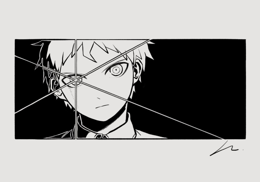 1boy black_background closed_mouth collared_shirt danganronpa_(series) danganronpa_2:_goodbye_despair greyscale hinata_hajime kiri_(2htkz) looking_at_viewer male_focus monochrome serious shirt short_hair signature solo symbol_in_eye white_background