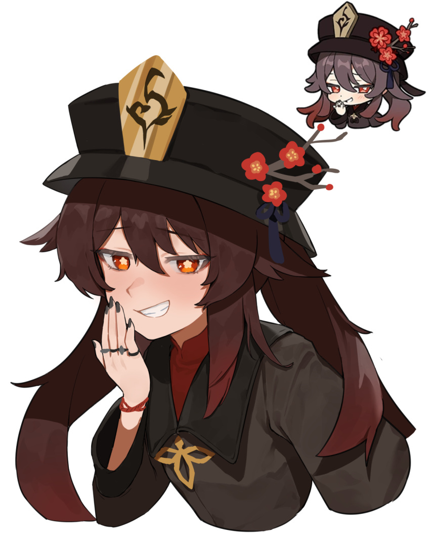 1girl black_headwear black_nails brown_hair chibi collared_coat cropped_torso flasso flower flower-shaped_pupils genshin_impact grin hair_between_eyes hand_up highres hu_tao_(genshin_impact) jewelry long_hair long_sleeves looking_at_viewer nail_polish red_eyes red_flower ring simple_background smile symbol-shaped_pupils teeth white_background