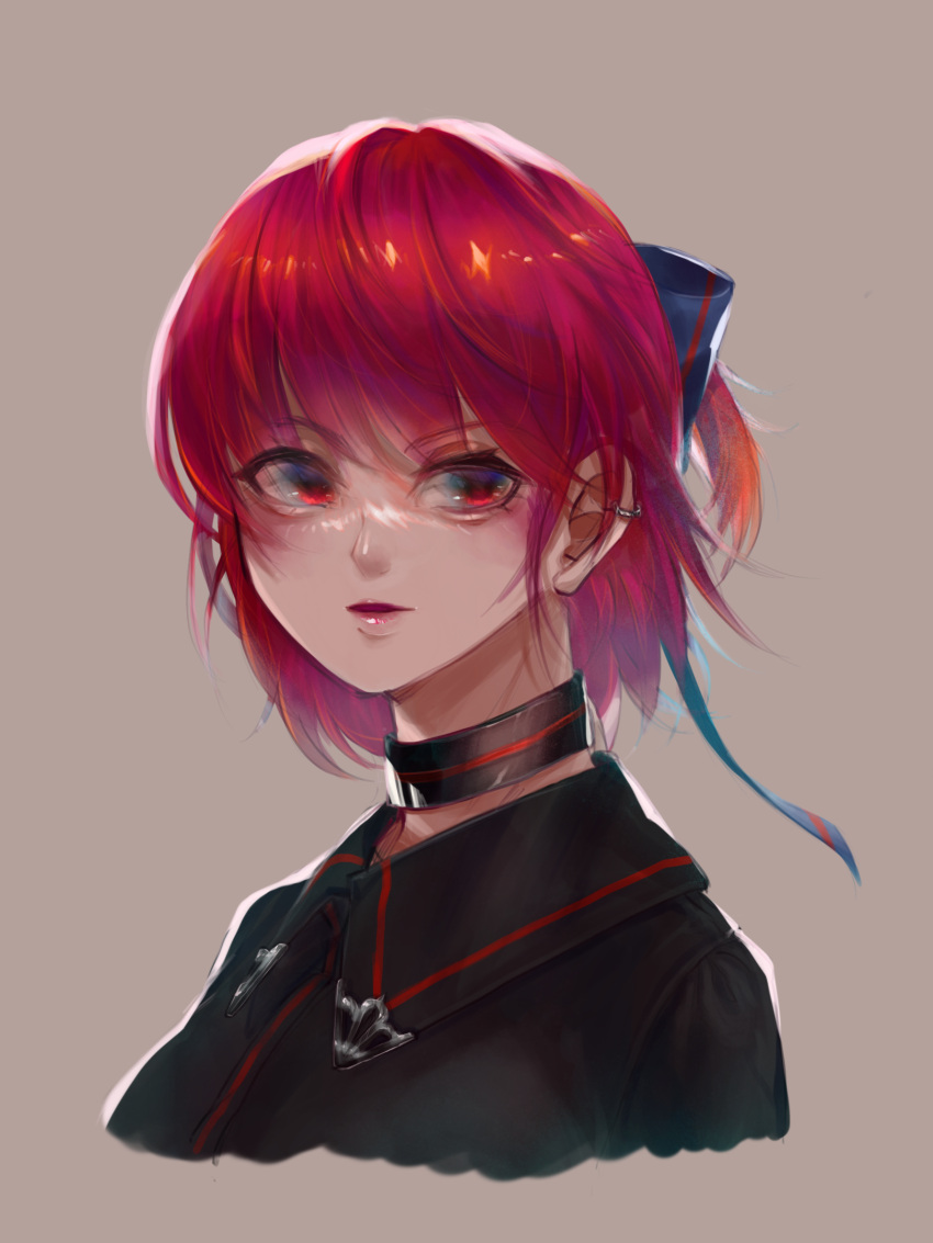 1girl backlighting black_shirt blue_bow bow collar commentary_request cropped_torso ear_piercing earrings grey_background hair_bow highres jewelry jirai_kei light_blush light_smile parted_lips piercing portrait red_eyes redhead sekibanki shirt short_hair simple_background solo touhou upper_body wing_collar yatsuga_(kouahey_dierci)