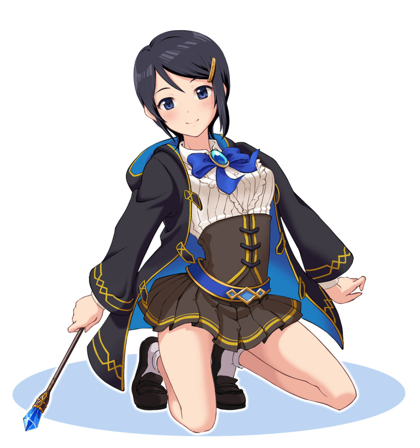 1girl argon black_corset black_hair black_hoodie black_skirt blue_bow blue_bowtie blue_brooch blue_eyes bow bowtie breasts closed_mouth corset dot_nose frilled_shirt frills full_body hair_ornament hairclip highres holding holding_wand hood hood_down hoodie idolmaster idolmaster_dearly_stars kneeling loafers long_sleeves medium_breasts miniskirt mizutani_eri open_clothes open_hoodie pleated_skirt shirt shoes short_hair simple_background skirt smile socks solo wand white_background white_shirt white_socks