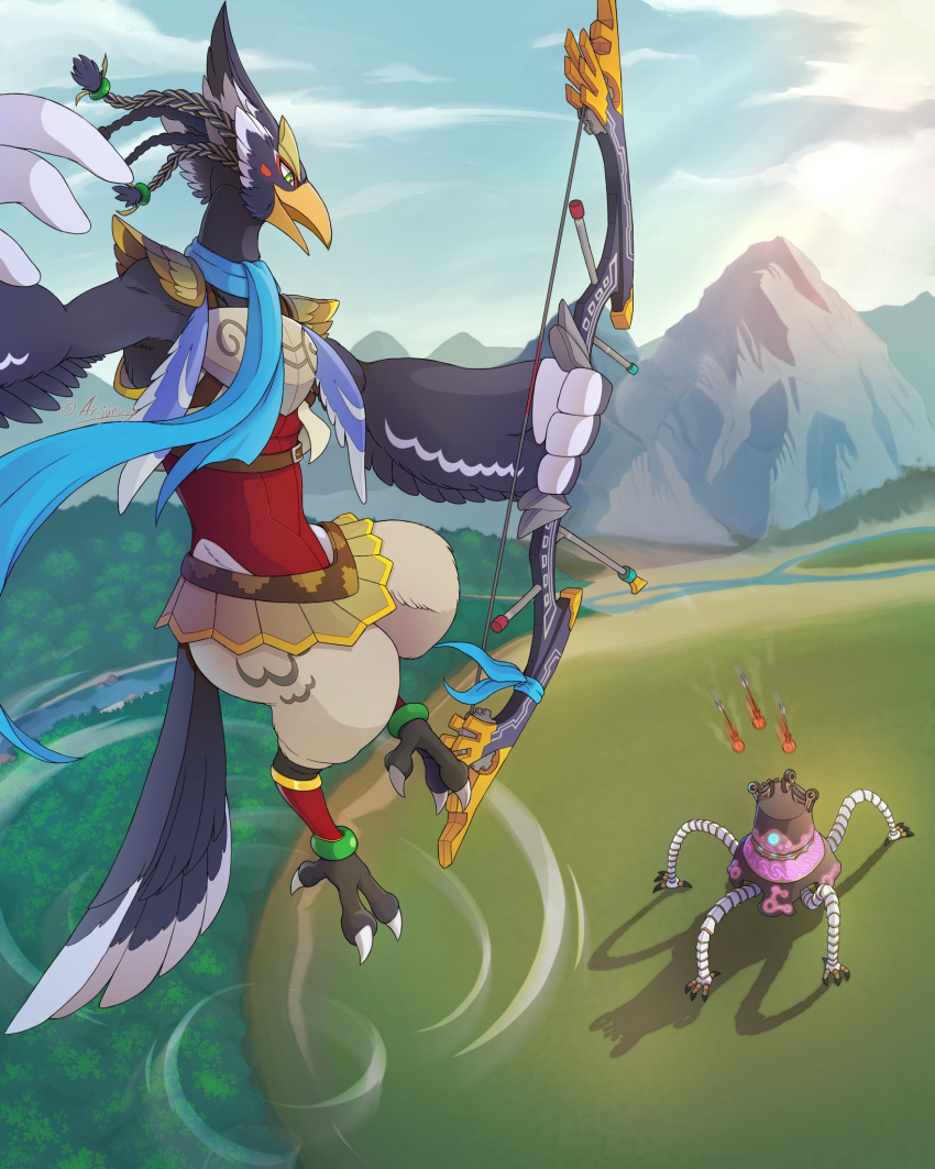 1boy animal_feet arijuno armor arms_up arrow_(projectile) artist_name battle beak bird_boy bird_legs bird_tail blue_eyes blue_fur blue_hair blue_scarf blue_sky blush_stickers body_fur bow_(weapon) braid breastplate claws clouds commentary day english_commentary eye_contact forest from_above full_body furry furry_male green_eyes guardian_(breath_of_the_wild) hair_tie highres holding holding_bow_(weapon) holding_weapon leg_warmers light_rays looking_at_another looking_down looking_up male_focus midair motion_blur mountain nature one-eyed open_mouth outdoors quad_tails revali rito river robot scarf short_hair shoulder_pads signature sky sunlight tail the_legend_of_zelda the_legend_of_zelda:_breath_of_the_wild tree twitter_username two-tone_fur weapon white_fur wind winged_arms wings