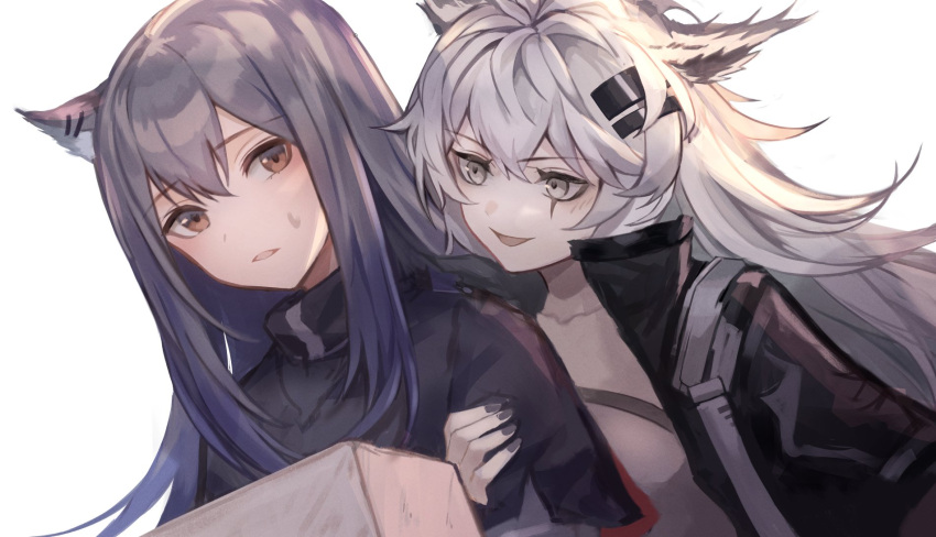 2girls animal_ears arknights arm_grab black_capelet black_coat black_hair black_nails box brown_hair capelet cardboard_box coat collarbone commentary_request ear_piercing grey_eyes hair_between_eyes hair_ornament hairclip highres holding holding_box lappland_(arknights) long_hair looking_at_another multiple_girls nail_polish parted_lips piercing scar scar_across_eye sidelocks simple_background sweatdrop texas_(arknights) touchika upper_body white_background white_hair wolf_ears wolf_girl