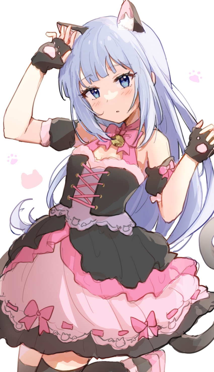 1girl animal_ear_fluff animal_ears armlet bell black_dress black_gloves black_thighhighs blue_eyes blue_hair bow bowtie breasts cat_ears cat_tail dress dress_bow fingerless_gloves frilled_dress frills gloves hands_up head_tilt heel_up highres idolmaster idolmaster_million_live! idolmaster_million_live!_theater_days light_blue_hair looking_at_viewer neck_bell nnnn parted_lips paw_pose paw_print pink_bow pink_bowtie pink_dress pink_footwear shiraishi_tsumugi simple_background small_breasts solo standing standing_on_one_leg tail thigh-highs two-tone_dress white_background