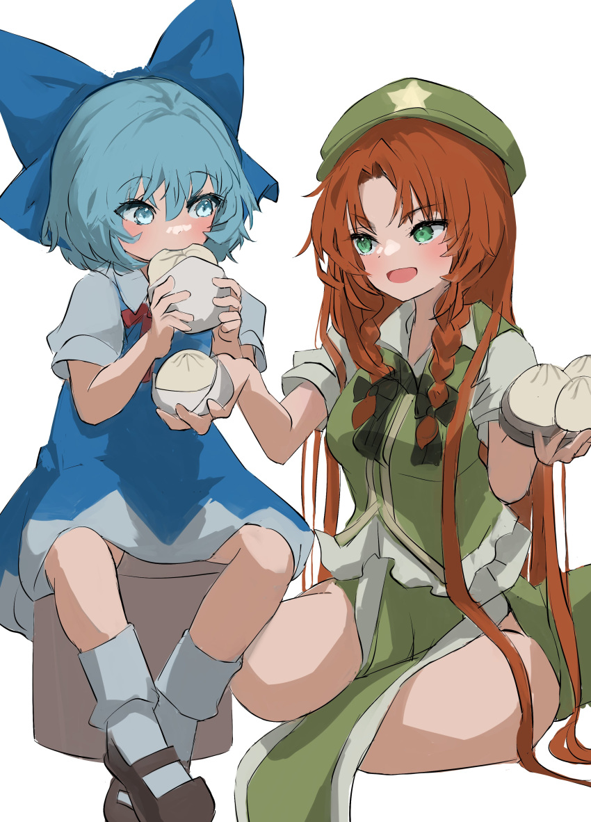 2girls absurdres beret black_footwear blue_bow blue_dress blue_eyes blue_hair bow braid cirno collared_shirt commentary_request dress food green_eyes green_headwear green_skirt green_vest hair_bow hat hat_ornament highres holding holding_food hong_meiling looking_at_another mikan_(manmarumikan) multiple_girls parted_bangs redhead shirt short_hair short_sleeves side_braids simple_background sitting skirt socks star_(symbol) star_hat_ornament touhou twin_braids vest white_background white_shirt white_socks