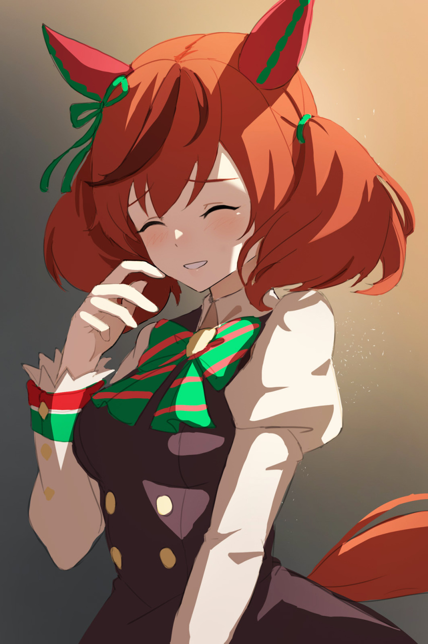 1girl animal_ears blush bow breasts brown_dress buttons closed_eyes commentary double-breasted dress ear_covers gradient_background green_bow grin highres horse_ears horse_girl horse_tail juliet_sleeves long_sleeves medium_breasts medium_hair nice_nature_(umamusume) puffy_sleeves red_bow redhead smile solo striped striped_bow tail teeth twintails umamusume vococo