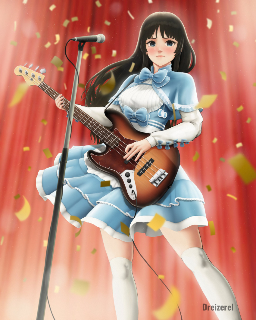 absurdres akiyama_mio artist_name bass_guitar black_eyes black_hair blue_bow blue_skirt blunt_bangs blush bow cable closed_mouth commentary_request confetti dreizerel frilled_skirt frills highres holding holding_instrument instrument k-on! left-handed long_hair long_sleeves microphone microphone_stand music playing_instrument sidelocks skirt spanish_commentary thigh-highs watermark white_thighhighs