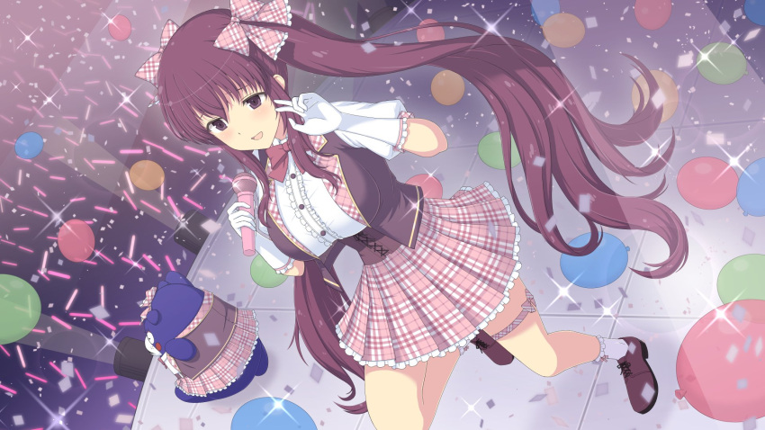 1girl balloon bebe-tan blush bow breasts brown_footwear concert confetti corset frilled_gloves frilled_socks frills gloves glowstick hair_between_eyes hair_ribbon highres holding holding_microphone idol idol_clothes large_breasts long_hair looking_at_viewer microphone murasaki_(senran_kagura) music open_mouth perapera pink_skirt plaid plaid_bow plaid_skirt pleated_skirt purple_bow purple_hair ribbon ribbon-trimmed_gloves ribbon_trim senran_kagura senran_kagura_new_link senran_kagura_shinovi_versus shoes singing skirt smile socks solo stage stage_lights stuffed_animal stuffed_toy teddy_bear thigh_strap tile_floor tiles twintails very_long_hair violet_eyes white_gloves white_socks