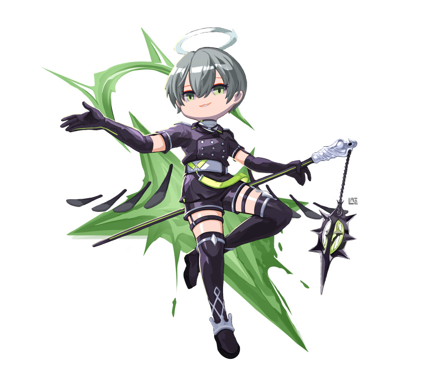 1boy absurdres arene_(arknights) arknights black_footwear black_gloves black_jacket black_shorts boots elbow_gloves full_body gloves green_eyes grey_hair hair_between_eyes halo highres jacket lataedelan looking_at_viewer male_focus parted_lips short_shorts short_sleeves shorts simple_background smile solo thigh_boots white_background
