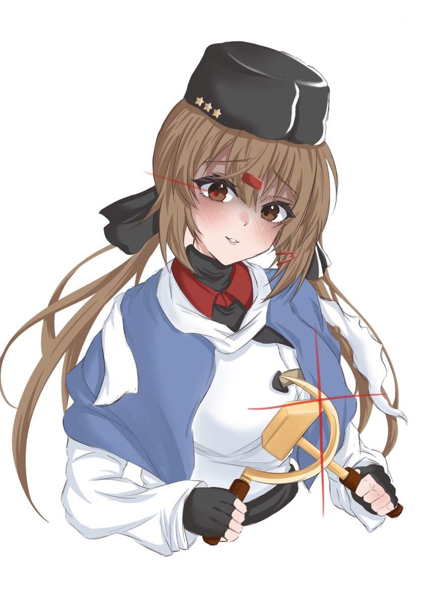 1girl black_gloves black_headwear blue_shawl brown_eyes brown_hair dr.plankton fingerless_gloves fur_hat gloves hammer_and_sickle hat highres jacket kantai_collection long_hair low_twintails papakha scarf shaded_face shawl solo tashkent_(kancolle) torn_scarf twintails upper_body white_jacket white_scarf