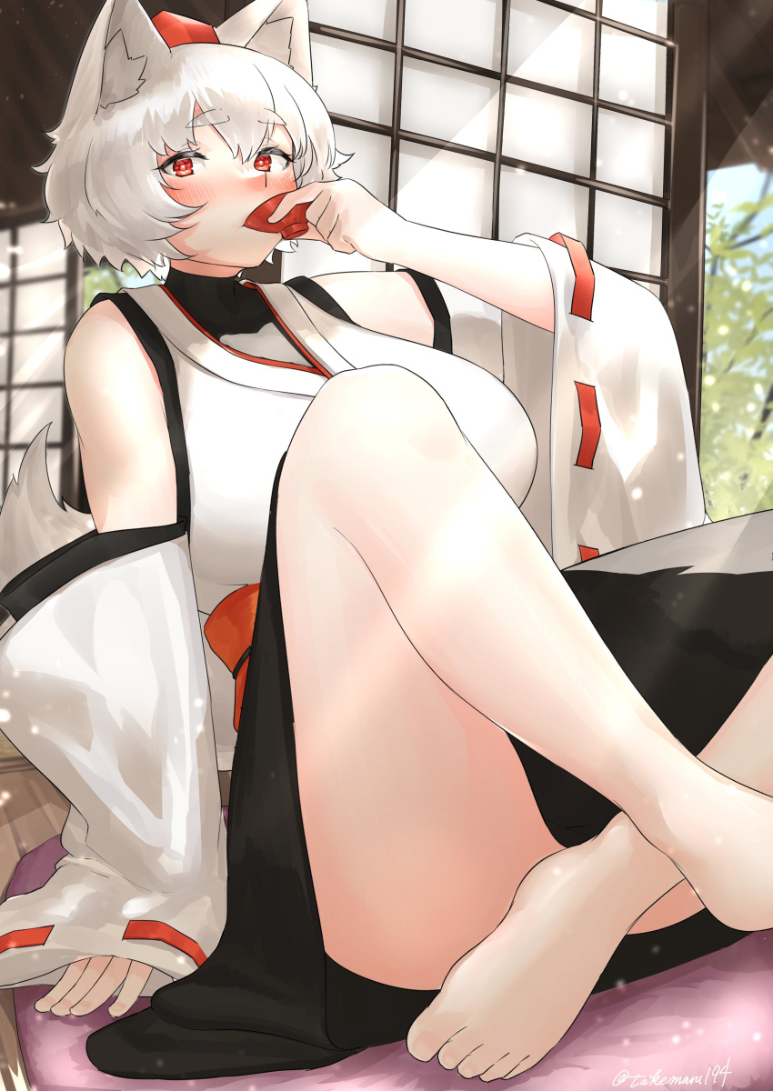 1girl absurdres animal_ear_fluff animal_ears artist_name bare_shoulders barefoot black_skirt blue_sky blush breasts cushion feet highres holding inubashiri_momiji japanese_clothes kimono large_breasts legs looking_at_viewer obi outdoors red_eyes ribbon-trimmed_sleeves ribbon_trim sash short_hair short_kimono skirt sky solo tail take_(take143000) toenails toes touhou white_hair white_kimono white_sleeves wolf_ears wolf_girl wolf_tail wooden_floor zabuton