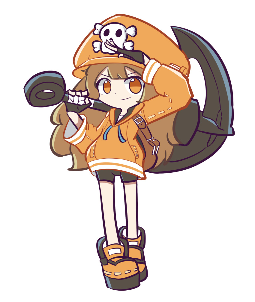 1girl anchor black_gloves black_shorts brown_hair closed_mouth commentary_request fingerless_gloves full_body gloves guilty_gear highres holding holding_anchor jacket korean_commentary long_hair looking_at_viewer malrangdonut may_(guilty_gear) orange_eyes orange_footwear orange_headwear orange_jacket parody puyopuyo shorts simple_background skull smile solo style_parody white_background