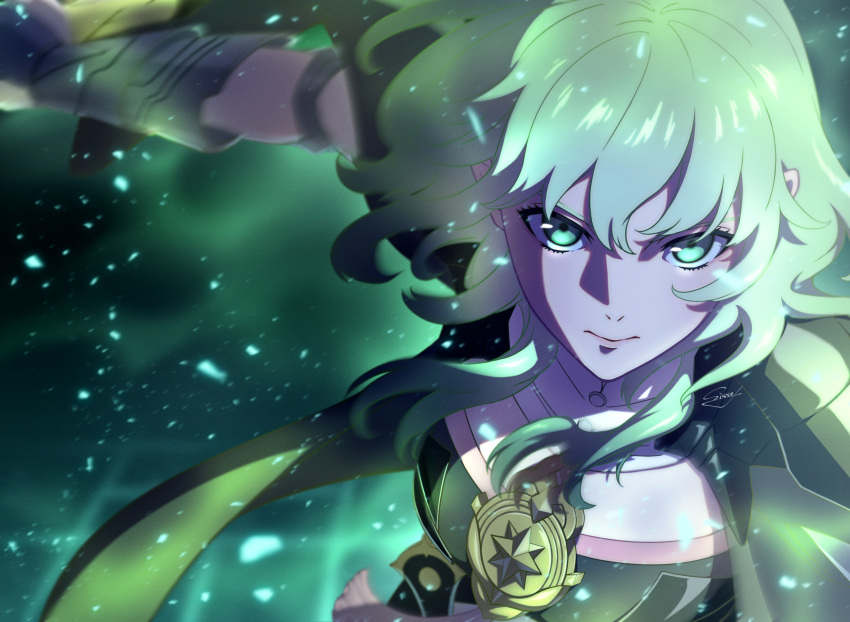 1girl absurdres armor aura byleth_(female)_(fire_emblem) byleth_(fire_emblem) close-up closed_mouth enlightened_byleth_(female) expressionless fighting_stance fire_emblem fire_emblem:_three_houses green_eyes green_hair hair_between_eyes highres jewelry looking_at_viewer medium_hair official_alternate_eye_color official_alternate_hair_color sissel0104 solo tassel upper_body