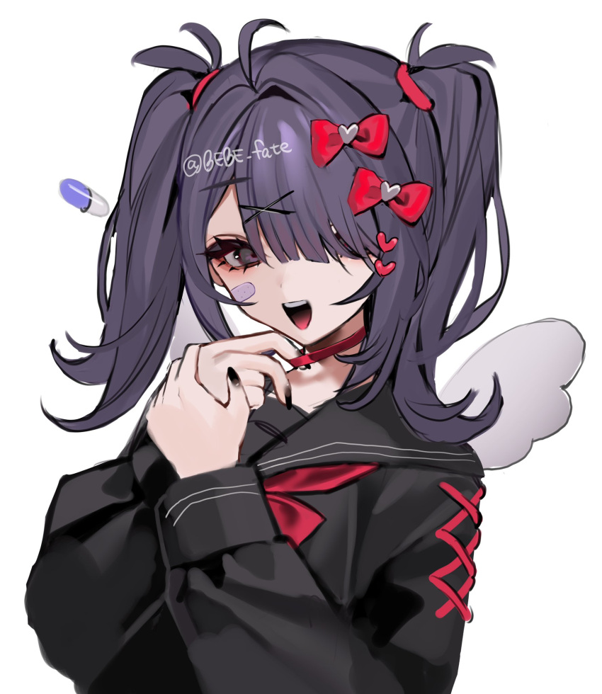 ahoge alternate_costume ame-chan_(needy_girl_overdose) bandaid bandaid_on_face bebe_(bebe_pp) black_eyes black_hair black_nails black_serafuku bow bowtie collar_tug commentary_request cross-laced_clothes cross-laced_sleeves fake_wings hair_bow hair_ornament hair_over_one_eye hands_up heart heart_hair_ornament highres long_sleeves looking_at_viewer medium_hair multiple_hair_bows needy_girl_overdose one_eye_covered open_mouth own_hands_together pill red_bow red_bowtie school_uniform serafuku simple_background smile twintails twitter_username upper_body watermark white_background wings x_hair_ornament