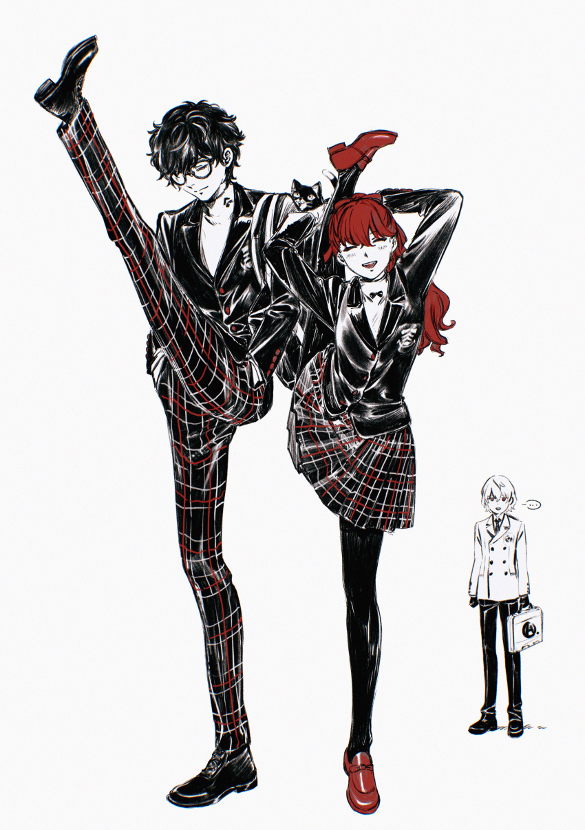 ... 1girl 2boys absurdres akechi_gorou amamiya_ren black_footwear black_hair blush briefcase cat closed_eyes closed_mouth flexible glasses grey_background hair_between_eyes hands_in_pockets highres holding jacket leg_lift leg_up long_hair long_sleeves morgana_(persona_5) multiple_boys opaque_glasses open_mouth pants pantyhose partially_opaque_glasses persona persona_5 persona_5_the_royal plaid plaid_pants plaid_skirt red_eyes red_footwear redhead school_uniform shoes shuujin_academy_school_uniform simple_background skirt split spoken_ellipsis standing standing_on_one_leg standing_split to25tom yoshizawa_kasumi