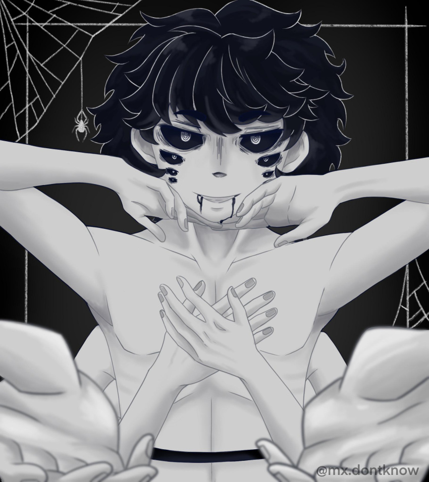 1boy arms belt black_background black_hair black_sclera charon_(ghost_and_pals) dripping eight_eyes ghost_and_pals gray_nails half_human honey_i'm_home_(ghost_and_pals) humanoid limbs lines looking_at_viewer multiple_eyes multiple_limbs mx.dontknow nail_polish painted_nails poison shirtless smile smiling smiling_at_viewer spider spider_boy spider_web spider_web_background teeth thick_eyebrows unnaturally_white_skin venom visible_ears vocaloid white_eyes white_skin