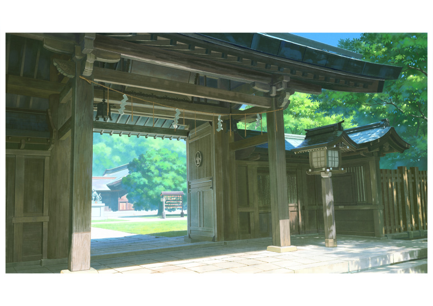arch architecture border commentary_request east_asian_architecture fence grass hariken highres lantern nature no_humans open_door original rope scenery shide shimenawa shrine stairs tile_floor tiles torii tree white_border wooden_fence wooden_lantern