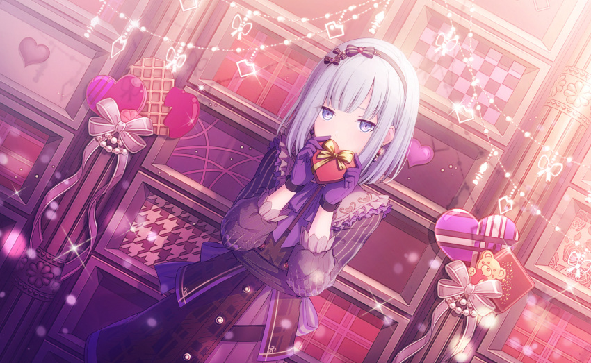 1girl against_wall black_sash blue_eyes blunt_bangs bob_cut bow box buttons candle_no_kaori_wa_omoide_to_tomo_ni_(project_sekai) chain colorful_palette covering_mouth dress dutch_angle earrings food frilled_shirt_collar frills gem gloves hairband heart heart-shaped_box highres holding holding_box jewelry long_hair long_sleeves looking_at_viewer medium_hair official_art pearl_(gemstone) project_sekai puffy_long_sleeves puffy_sleeves purple_dress purple_gloves purple_hairband sash sidelocks solo sparkle third-party_source waffle white_bow white_hair yoisaki_kanade