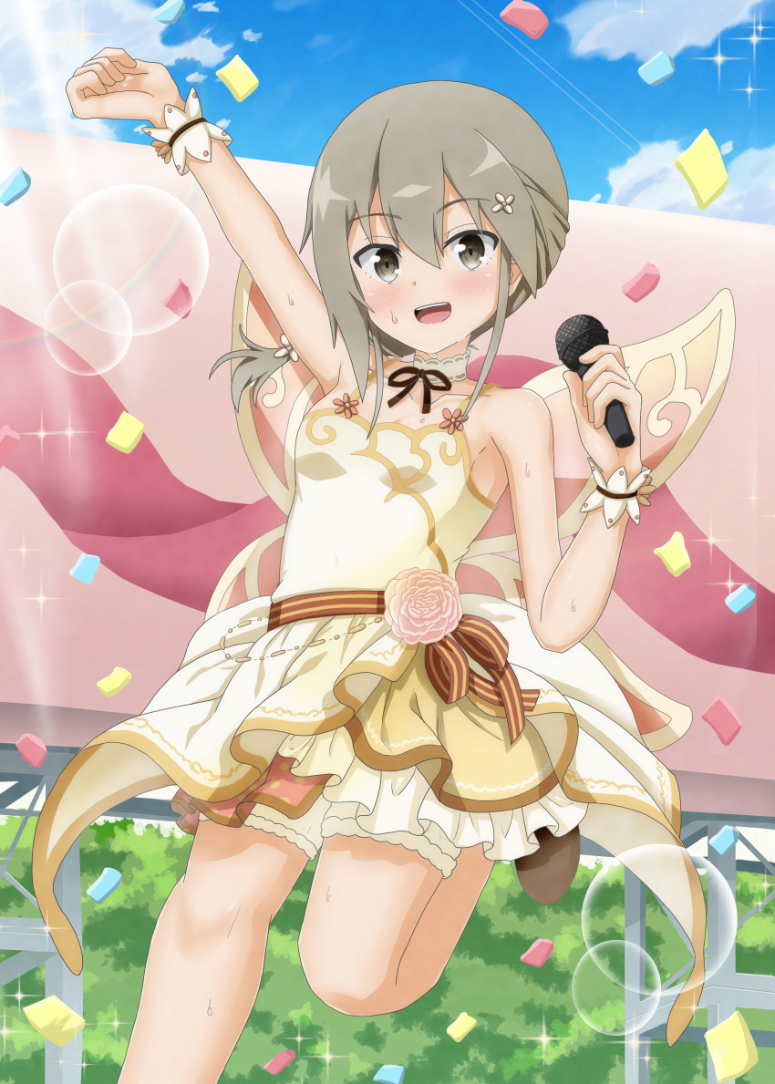 1girl :d absurdres arm_up balloon blue_sky blush brown_eyes brown_hair clouds concert confetti dancing day diffraction_spikes dress flower folded_ponytail glint hair_between_eyes hair_flower hair_ornament hairclip highres holding holding_microphone idol idol_clothes lens_flare looking_at_viewer low_ponytail masamune_mino microphone minowa_gin music open_mouth outdoors ponytail rainbow short_hair singing sky sleeveless smile solo sparkle sparkle_background stage sun sweat washio_sumi_wa_yuusha_de_aru wrist_cuffs yuuki_yuuna_wa_yuusha_de_aru:_hanayui_no_kirameki yuusha_de_aru