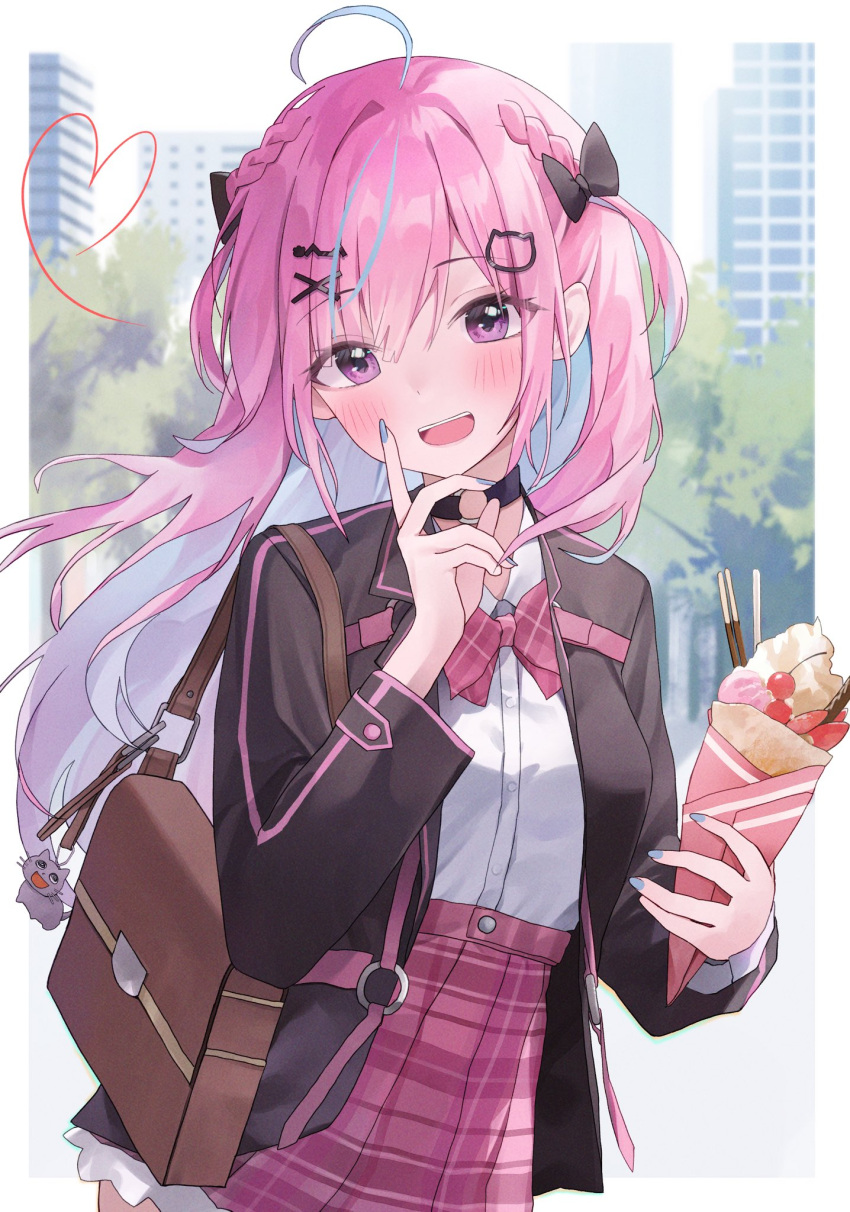 1girl ahoge bag black_choker black_jacket blazer blue_hair blue_nails blush bow bowtie braid cat_hair_ornament choker colored_inner_hair crepe fingernails food french_braid hair_ornament hairclip highres holding holding_food hololive ice_cream_crepe index_finger_raised jacket long_hair long_sleeves looking_at_viewer minato_aqua minato_aqua_(7th_costume) miniskirt multicolored_hair nail_polish neko_(minato_aqua) nel_dcm o-ring o-ring_choker official_alternate_costume official_alternate_hairstyle open_mouth outdoors pink_bow pink_bowtie pink_skirt pink_sweater plaid plaid_bow plaid_bowtie plaid_skirt pleated_skirt purple_hair school_bag school_uniform shirt shoulder_bag skirt smile streaked_hair sweater two-tone_hair two_side_up violet_eyes virtual_youtuber white_shirt x_hair_ornament