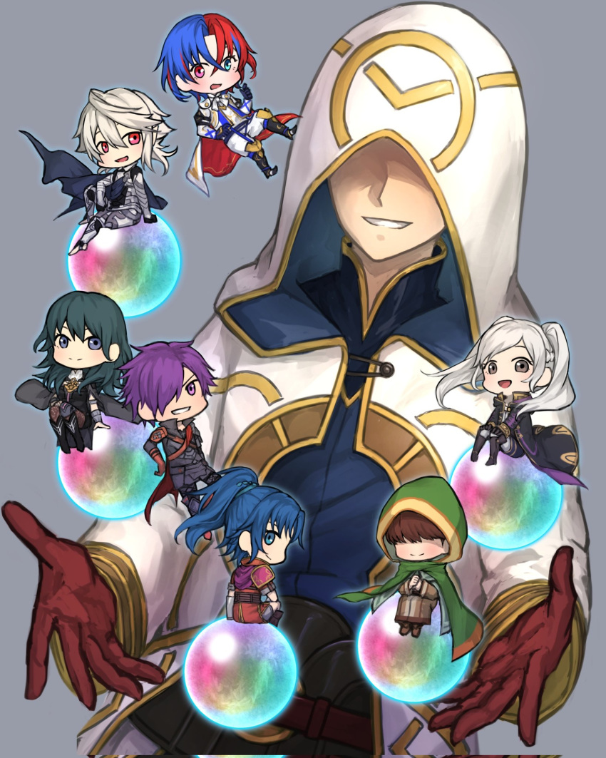 2others 3boys 3girls alear_(fire_emblem) alear_(male)_(fire_emblem) ambiguous_gender armor black_cape black_cloak blue_cape blue_eyes blue_hair brown_gloves brown_hair byleth_(female)_(fire_emblem) byleth_(fire_emblem) cape chibi cloak closed_mouth commentary_request corrin_(fire_emblem) corrin_(male)_(fire_emblem) covered_eyes fire_emblem fire_emblem:_new_mystery_of_the_emblem fire_emblem:_the_blazing_blade fire_emblem:_three_houses fire_emblem_awakening fire_emblem_engage fire_emblem_fates fire_emblem_heroes fire_emblem_warriors:_three_hopes gloves gold_trim green_cloak grey_background grey_eyes grey_hair grin hair_between_eyes heterochromia highres hood hood_down hood_up hooded_cloak kiran_(fire_emblem) kris_(female)_(fire_emblem) kris_(fire_emblem) long_hair looking_at_viewer mark_(fire_emblem:_the_blazing_blade) mini_person miniboy minigirl multicolored_hair multiple_boys multiple_girls multiple_others open_mouth orb ponytail purple_hair red_eyes redhead robin_(female)_(fire_emblem) robin_(fire_emblem) shez_(fire_emblem) shez_(male)_(fire_emblem) short_hair simple_background sitting size_difference smile split-color_hair trait_connection twintails violet_eyes white_cape white_cloak white_hair zuzu_(ywpd8853)