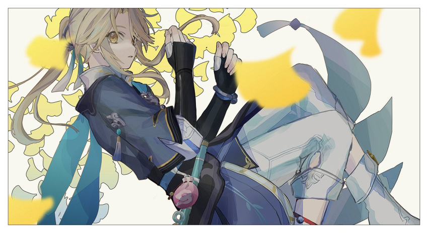 1boy androgynous blonde_hair blue_ribbon border bridal_gauntlets chinese_clothes facing_to_the_side flower hair_ribbon high_ponytail honkai:_star_rail honkai_(series) krgngrt long_sleeves looking_at_viewer male_focus pants parted_lips petals ribbon solo white_border white_pants yanqing_(honkai:_star_rail) yellow_background yellow_eyes yellow_flower