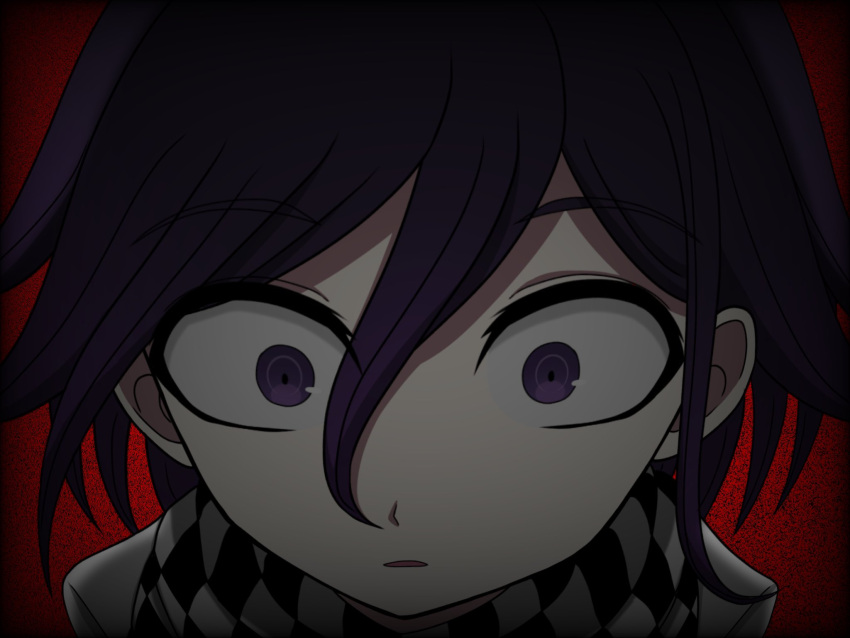 1boy black_background black_hair black_scarf checkered_clothes checkered_scarf danganronpa_(series) danganronpa_v3:_killing_harmony flipped_hair hair_between_eyes highres looking_at_viewer male_focus meme oma_kokichi open_mouth portrait red_background reference_request scarf solo suiren_yurei violet_eyes white_scarf