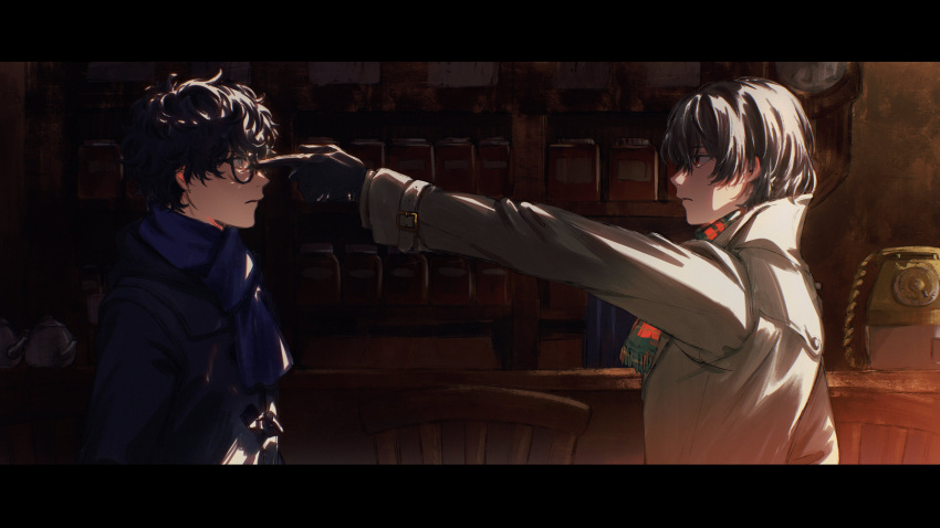2boys absurdres akechi_gorou amamiya_ren black_coat black_gloves black_hair blue_scarf brown_hair chair closed_mouth coat glasses gloves grey_coat hair_between_eyes highres indoors letterboxed long_sleeves male_focus multiple_boys persona persona_5 phone plaid plaid_scarf pointing pointing_at_another profile rotary_phone scarf to25tom upper_body