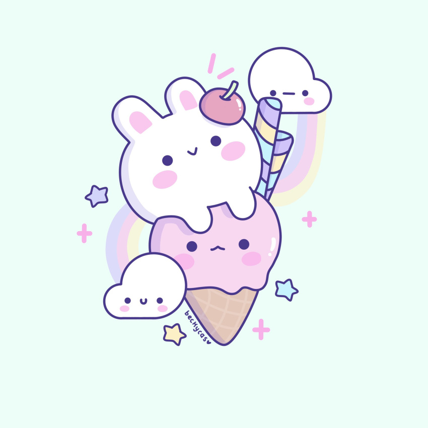 :&gt; :&lt; :| animal_ears animate_object becky_cas blue_background blush cherry chibi closed_mouth clouds food fruit highres ice_cream ice_cream_cone original rabbit rabbit_ears rainbow surprised