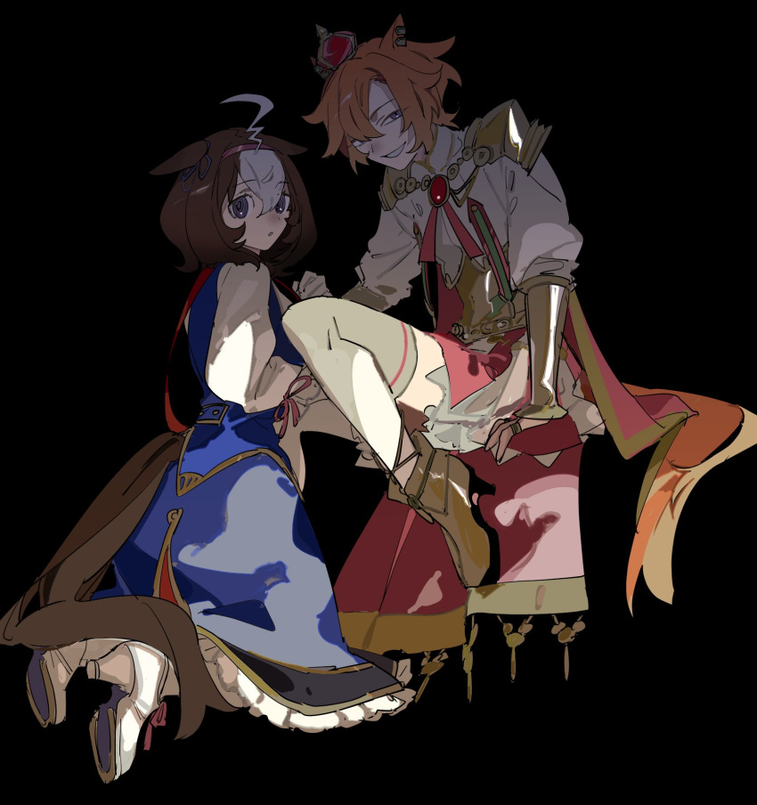 2girls animal_ears apios arm_support armor black_background blue_skirt blue_vest boots brooch brown_hair cape commentary_request earclip frilled_skirt frills fringe_trim full_body gold_armor grey_thighhighs grin hair_over_one_eye hairband half-closed_eyes high_heel_boots high_heels highres horse_ears horse_girl horse_tail invisible_chair jewelry knee_up kneeling leaning_forward long_skirt long_sleeves looking_at_viewer looking_to_the_side medium_hair meisho_doto_(umamusume) multicolored_hair multiple_girls multiple_rings one_eye_covered orange_hair parted_lips pauldrons pink_cape pink_hairband puffy_long_sleeves puffy_sleeves ring shirt short_hair shoulder_armor sitting skirt smile streaked_hair t.m._opera_o_(umamusume) tail thigh-highs umamusume umamusume:_road_to_the_top vambraces vest violet_eyes white_hair white_shirt