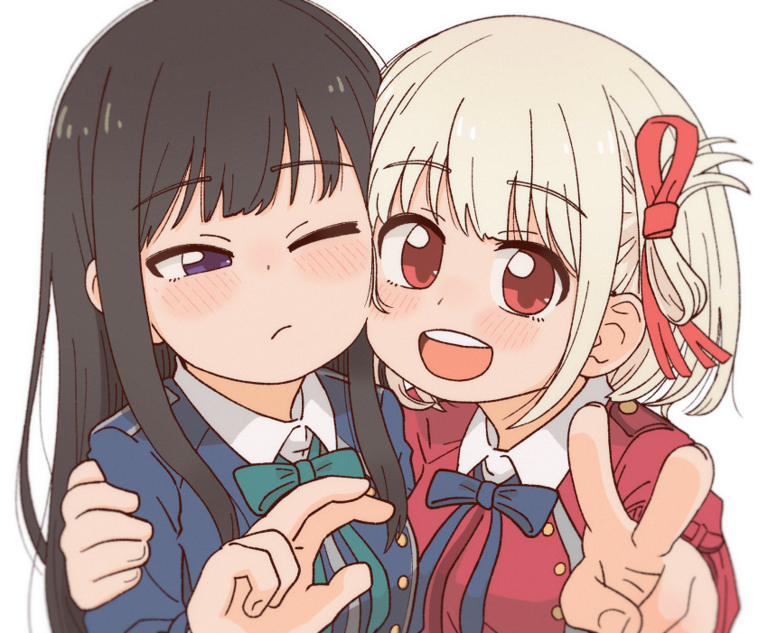 2girls black_hair blonde_hair blue_dress bob_cut bocchi-ya-nawi cheek-to-cheek dress hair_ribbon heads_together highres inoue_takina long_hair lycoris_recoil lycoris_uniform multiple_girls nishikigi_chisato one_eye_closed open_mouth red_dress red_eyes red_ribbon ribbon round_teeth short_hair simple_background smile teeth two-tone_dress upper_body upper_teeth_only v violet_eyes white_background