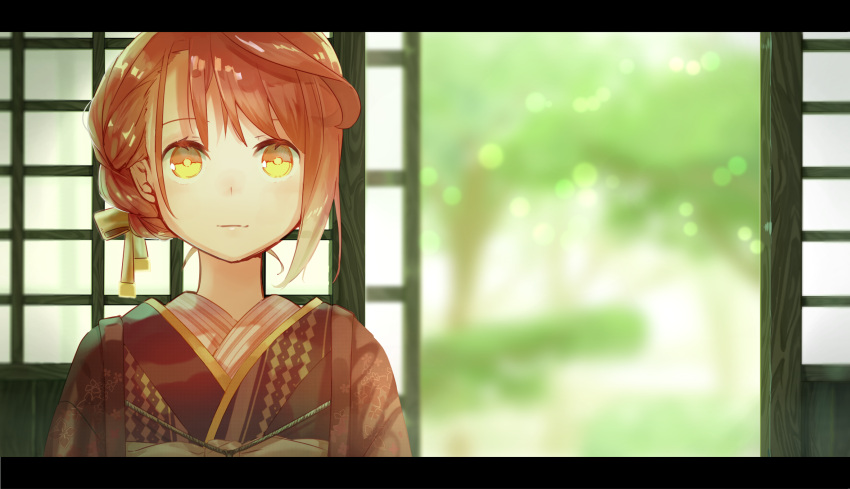 1girl blurry blurry_background day hair_ribbon highres indoors japanese_clothes kimono letterboxed open_door original redhead ribbon sliding_doors solo stoolpower upper_body yellow_eyes