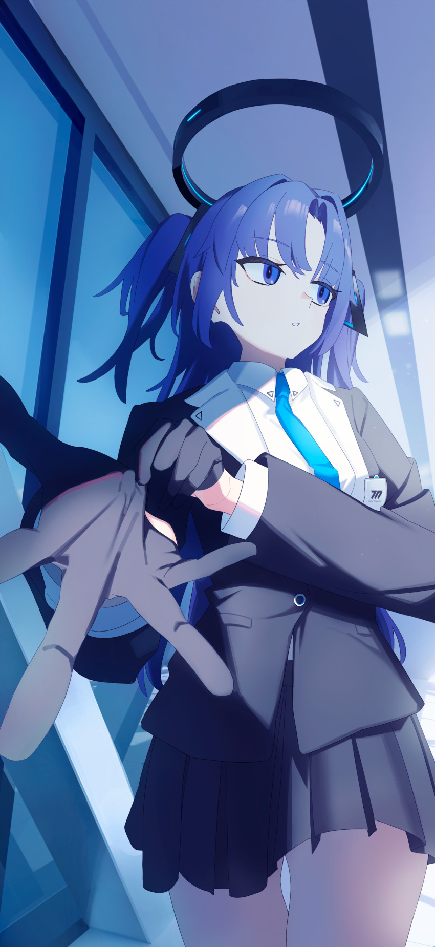1girl absurdres adjusting_clothes adjusting_gloves black_gloves black_jacket blue_archive blue_eyes blue_hair blue_necktie collared_shirt gloves halo highres id_card jacket long_hair long_sleeves miniskirt necktie no3coral parted_lips pleated_skirt shirt skirt solo two_side_up white_shirt yuuka_(blue_archive)