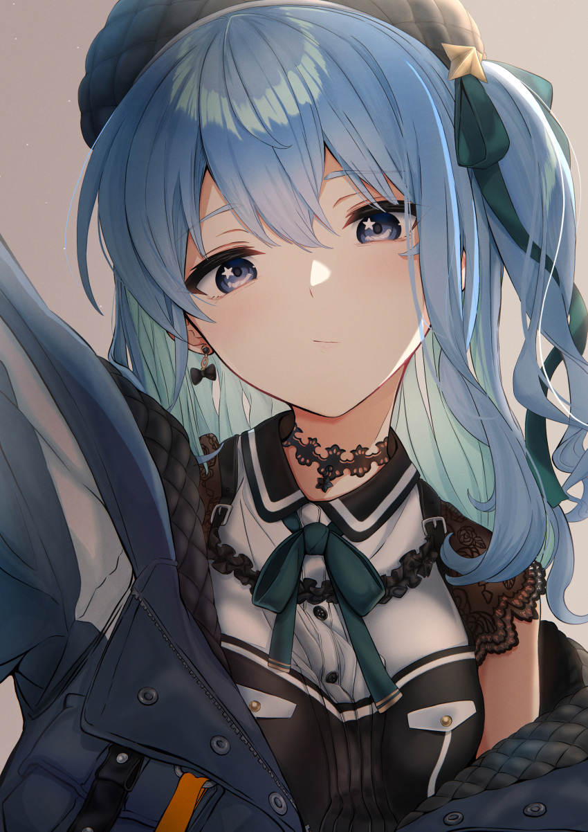 1girl absurdres aqua_hair beret black_choker black_headwear blue_eyes blue_hair blush choker colored_inner_hair green_ribbon hair_between_eyes hair_ribbon hat highres hololive hoshimachi_suisei hoshimachi_suisei_(3rd_costume) jacket lace lace_choker long_hair looking_at_viewer multicolored_hair official_alternate_costume one_side_up ribbon smile solo star_(symbol) star_in_eye symbol_in_eye virtual_youtuber