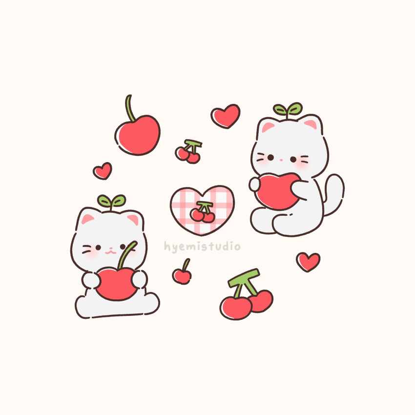 animal_ears animal_focus blush cat cat_ears cat_tail cherry chibi food fruit heart highres hyemistudio original sprout tail whiskers