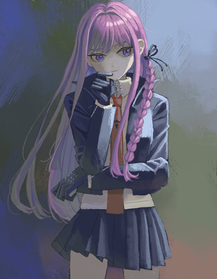 1girl black_gloves black_ribbon braid breasts brown_necktie closed_mouth collared_shirt danganronpa:_trigger_happy_havoc danganronpa_(series) gloves hair_intakes hair_ribbon hand_up highres jacket kirigiri_kyoko liu_(000giniro) long_hair long_sleeves looking_at_viewer miniskirt multicolored_background necktie open_clothes purple_hair ribbon shirt side_braid skirt solo thinking violet_eyes