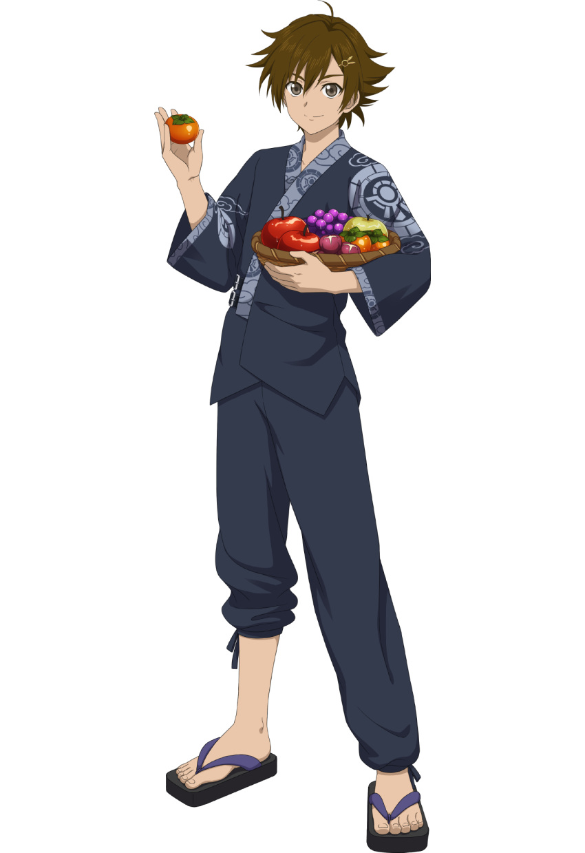 1boy ahoge apple english_commentary flip-flops food fruit full_body grapes hair_between_eyes hair_ornament highres holding holding_food holding_fruit japanese_clothes kimono kor_meteor looking_at_viewer male_focus official_art sandals smile solo tales_of_(series) tales_of_asteria tales_of_hearts toenails toes wide_sleeves