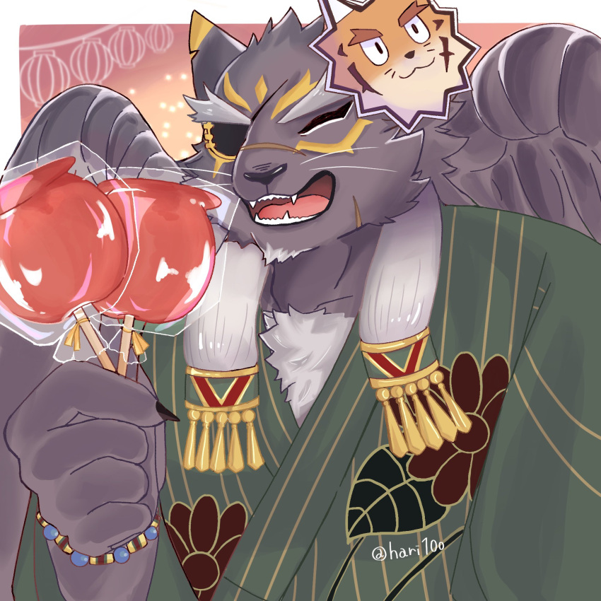 black_feathers black_fur bracelet candy_apple chest_hair claws closed_eyes feathers food furry furry_male harino_(hari10o) highres japanese_clothes jewelry kimono mask mask_on_head panther_boy scar scar_on_face scar_on_nose smile tezcatlipoca_(housamo) thick_eyebrows tokyo_afterschool_summoners twitter_username wings yukata