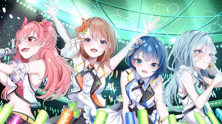 4girls aoitenziku arms_up black_eyes blue_eyes blue_hair bow bowtie brown_hair commentary hanasato_minori hand_up hinomori_shizuku holding holding_microphone idol kiritani_haruka microphone momoi_airi more_more_jump!_(project_sekai) multiple_girls penlight pink_hair project_sekai red_eyes stage stage_lights white_hair