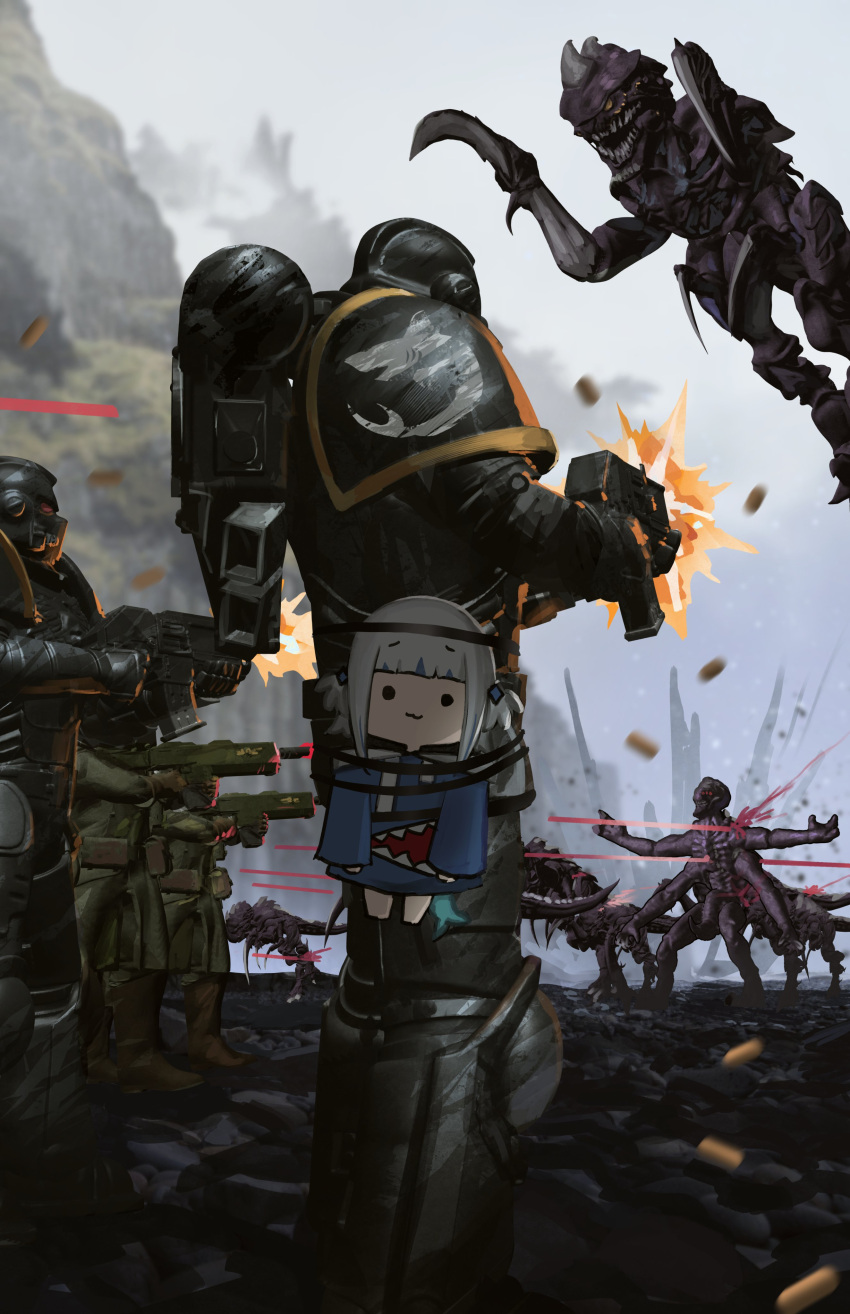 1girl absurdres advarcher armor blue_eyes blunt_bangs character_request fins fish_tail gawr_gura gun helmet highres holding holding_weapon hololive looking_at_viewer outdoors power_armor shark_girl shark_tail shoulder_armor tail two_side_up virtual_youtuber warhammer_40k weapon