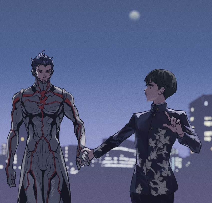 2boys aogami_(smtv) black_hair blurry blurry_background bodysuit building closed_mouth floral_print highres holding_hands jacket long_sleeves male_focus moon multiple_boys night outdoors protagonist_(smtv) school_uniform shin_megami_tensei shin_megami_tensei_v spiky_hair twitter_username yellow_eyes za210n