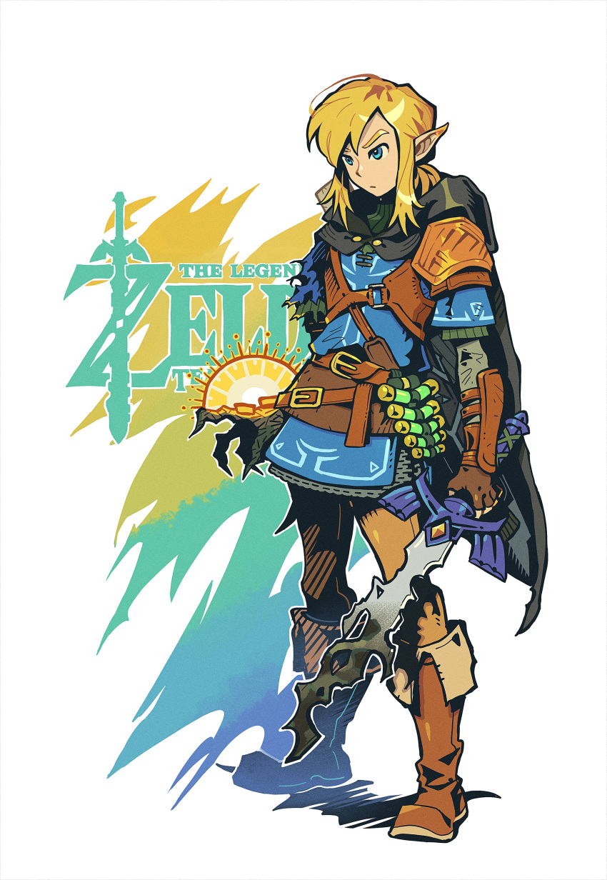 1boy 9twoeight absurdres angry belt blonde_hair blue_eyes blue_tunic broken broken_sword broken_weapon cape commentary english_text fingerless_gloves gloves highres hood hooded_cape left-handed link male_focus master_sword pointy_ears short_hair simple_background solo sword the_legend_of_zelda the_legend_of_zelda:_tears_of_the_kingdom tunic weapon