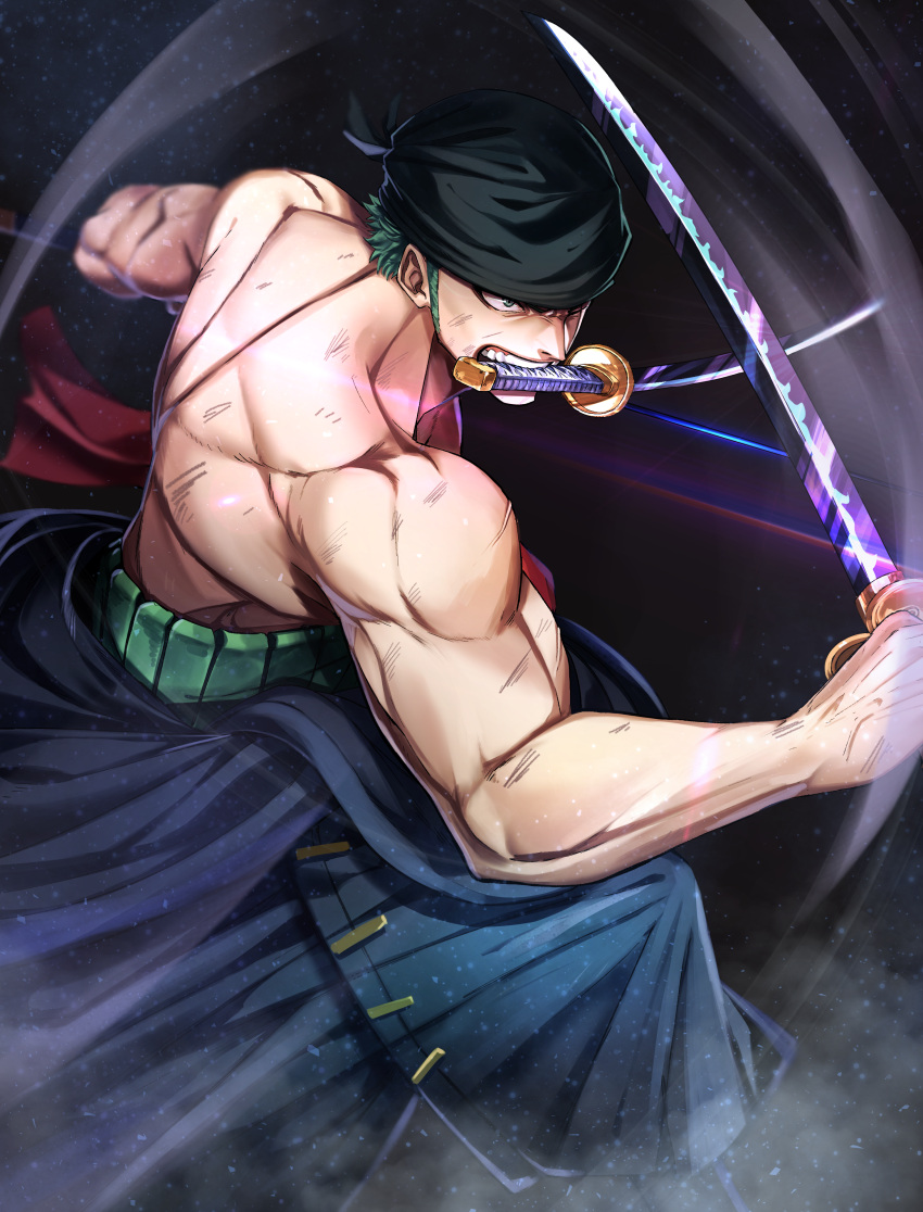1boy absurdres artist_request bruise clothes_down feet_out_of_frame fighting_stance green_hair highres holding holding_sword holding_weapon injury japanese_clothes kimono long_sideburns looking_ahead male_focus mouth_hold muscular muscular_male one_piece open_clothes open_kimono roronoa_zoro short_hair sideburns solo sword topless_male triple_wielding weapon