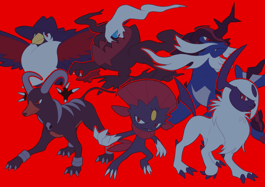 absol claws closed_mouth darkrai fang fangs highres hisuian_samurott honchkrow horns houndoom no_humans pokemon pokemon_(creature) red_background red_eyes simple_background tail v_(govvvvw) weavile