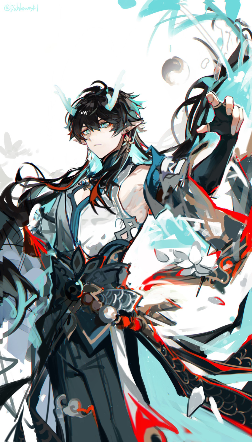 1boy absurdres chinese_clothes closed_mouth dan_heng_(honkai:_star_rail) dichlorvos121 dragon_horns earrings fingerless_gloves gloves green_eyes hair_between_eyes highres honkai:_star_rail honkai_(series) horns jewelry long_hair male_focus open_hand pants pectoral_cleavage pectorals pointy_ears simple_background solo spoilers upper_body white_background yin_yang