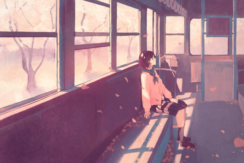 1girl black_hair black_skirt black_socks cherry_blossoms closed_eyes falling_petals hand_grip hand_on_lap harucoro25 long_sleeves neckerchief open_window original petals sailor_collar short_hair sitting skirt sleeping socks solo spring_(season) train_interior tree window