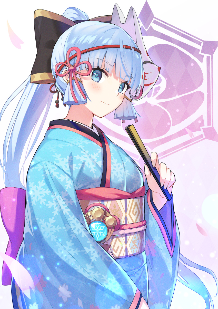 1girl absurdres alternate_costume black_bow blue_hair blue_kimono blunt_bangs blunt_tresses blush bow closed_mouth commentary_request falling_petals folded_fan folding_fan genshin_impact hair_bow hair_ribbon hand_fan highres holding holding_fan japanese_clothes kamisato_ayaka kimono light_blue_hair long_hair long_sleeves looking_at_viewer mask mask_on_head obi petals ponytail red_ribbon ribbon sash snowflake_print solo tress_ribbon upper_body vision_(genshin_impact) wattyon01 wide_sleeves