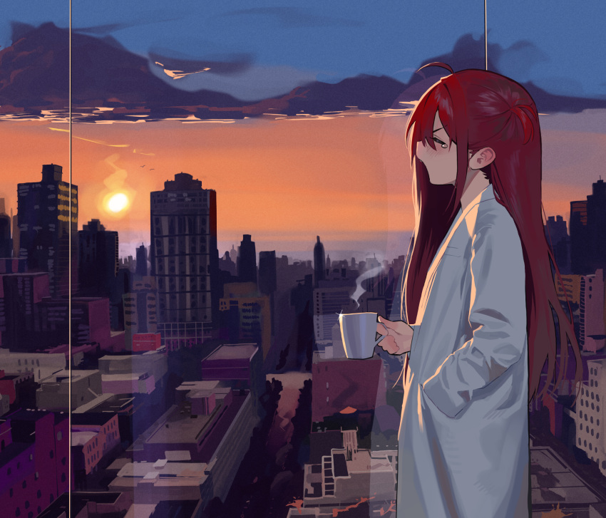 1girl ahoge city closed_eyes clouds coffee_mug cup from_side gradient_sky hand_in_pocket highres long_hair long_sleeves mug one_side_up open_mouth original profile redhead shirt sky solo some1else45 steam sunlight tears twilight white_shirt window yawning
