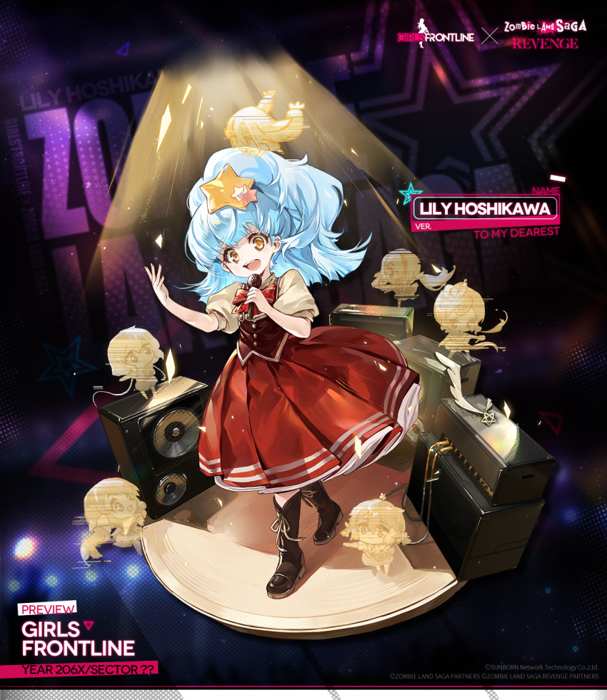 1girl blue_hair boots bow bowtie brown_footwear character_name chibi commentary copyright_name cui_pi_zha_xia_qiu dress english_commentary english_text full_body girls_frontline hair_ornament hands_up highres holding holding_microphone hologram hoshikawa_lily konno_junko light_blue_hair light_rays long_hair looking_at_viewer microphone minamoto_sakura mini_person minigirl mizuno_ai nikaidou_saki no_socks official_alternate_costume official_art open_mouth promotional_art puffy_short_sleeves puffy_sleeves red_bow red_bowtie red_dress shirt short_sleeves smile solo stage standing star_(symbol) star_hair_ornament stereo teeth upper_teeth_only white_shirt wire yamada_tae yellow_eyes yuugiri_(zombie_land_saga) zombie_land_saga