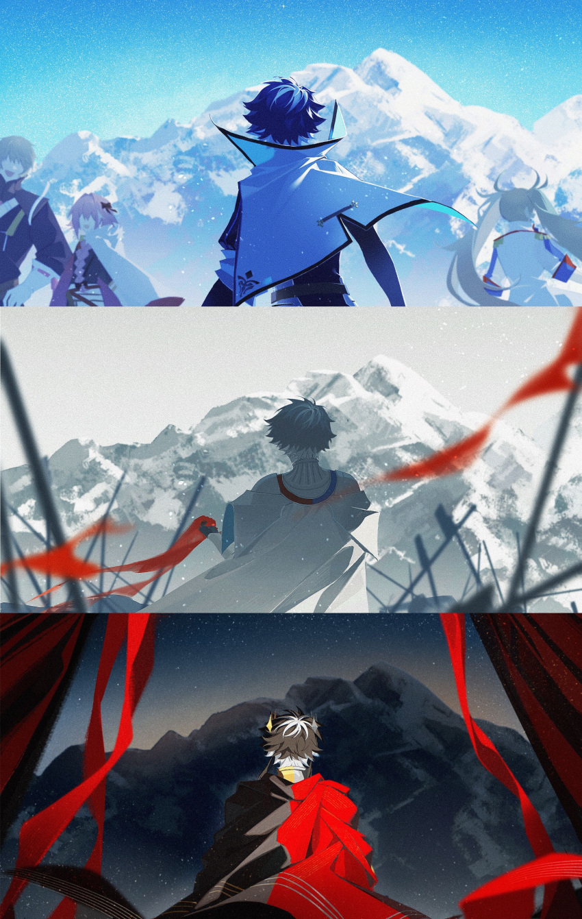1girl 3boys absurdres age_progression astolfo_(fate) battlefield black_cape black_hair blue_sky bradamante_(fate) braid braided_ponytail cape capelet charlemagne_(fate) day faceless faceless_male fate/grand_order fate_(series) from_behind grey_hair hands_on_own_hips highres idass_(idass16) mountain multicolored_hair multiple_boys multiple_views night night_sky outdoors pink_hair planted planted_spear polearm red_cape shirt short_hair sky spear star_(sky) starry_sky time_lapse twintails two-tone_cape two-tone_hair upper_body weapon white_cape white_capelet white_shirt